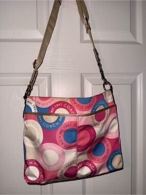 COACH Pink, Blue and Cream Signature Circle Print Crossbody Bag